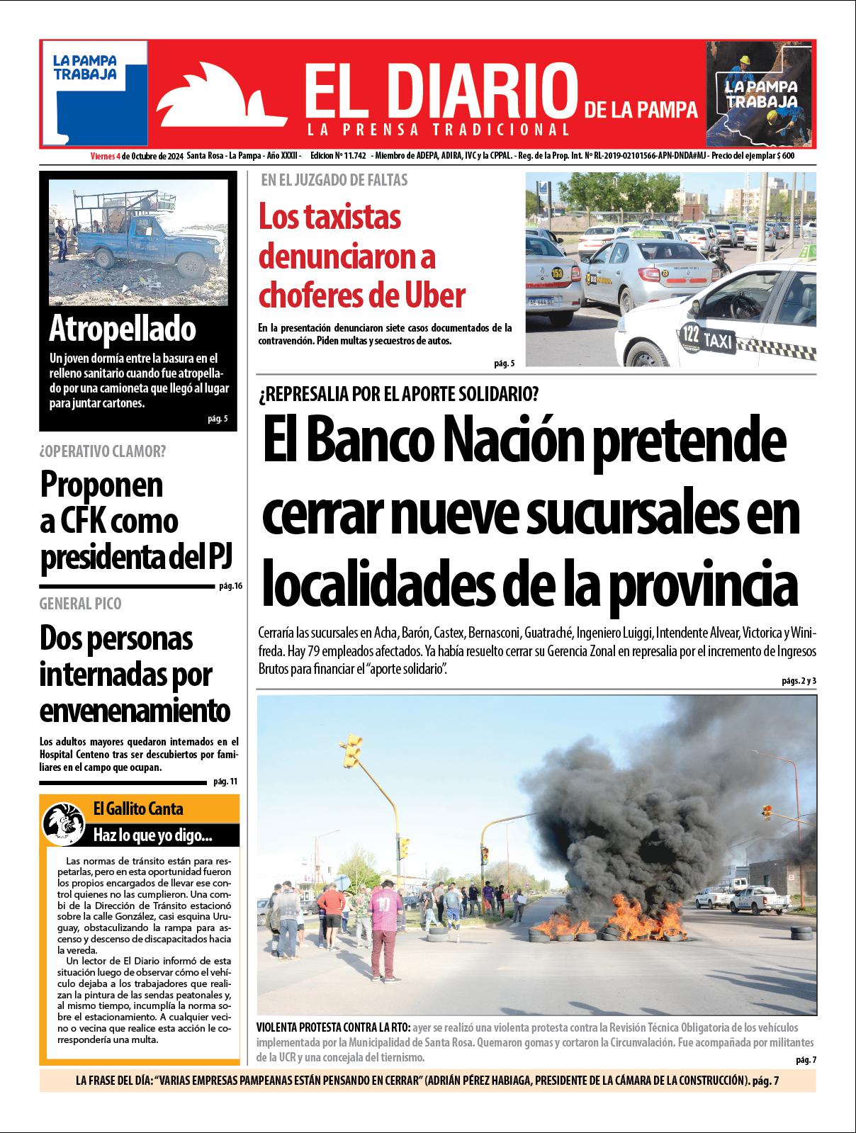 Tapa de El Diario en papel  viernes 04 de octubre de 2024